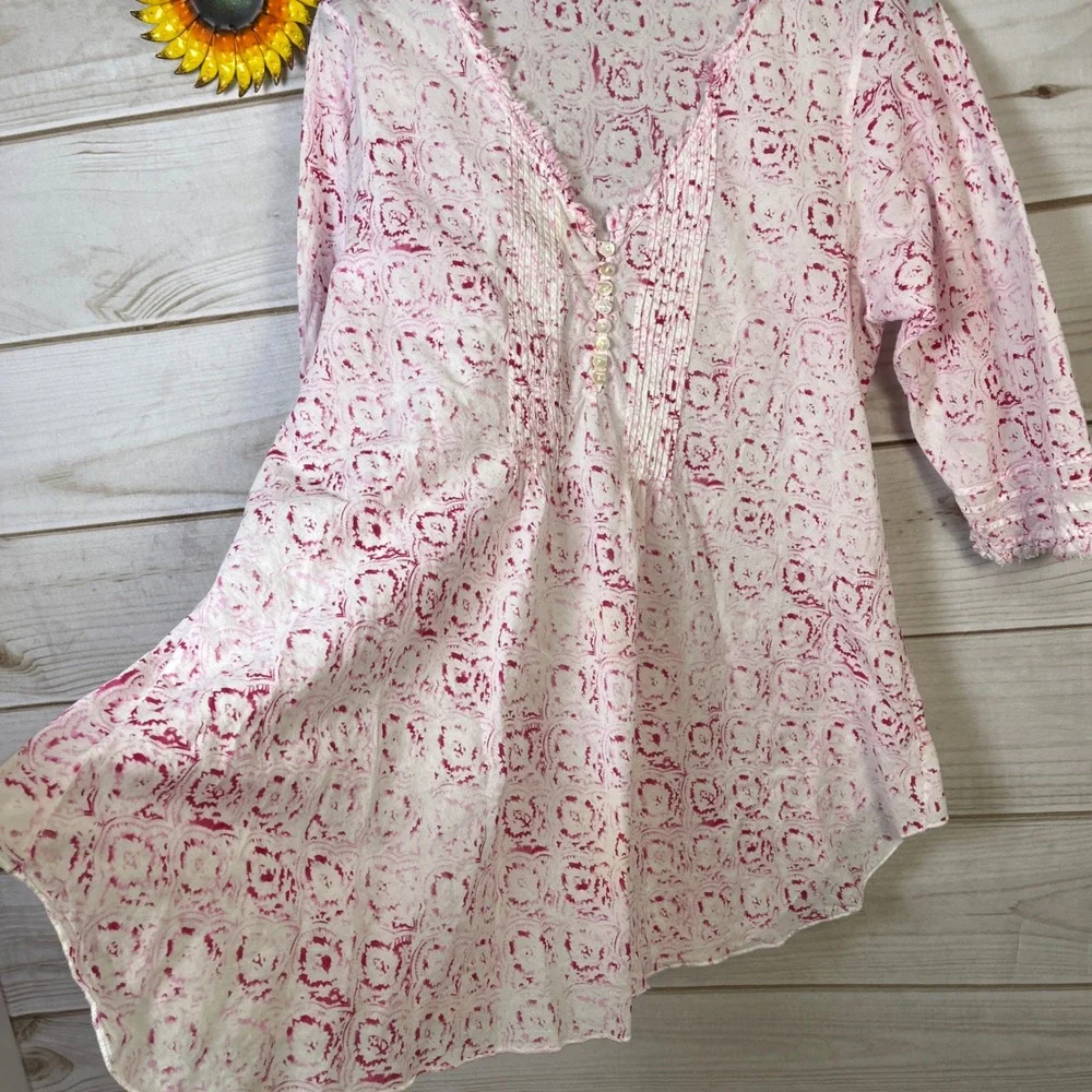 One season Australia Floral Tunic Top Pink Resort 3/4 thin‎ cotton coverup L